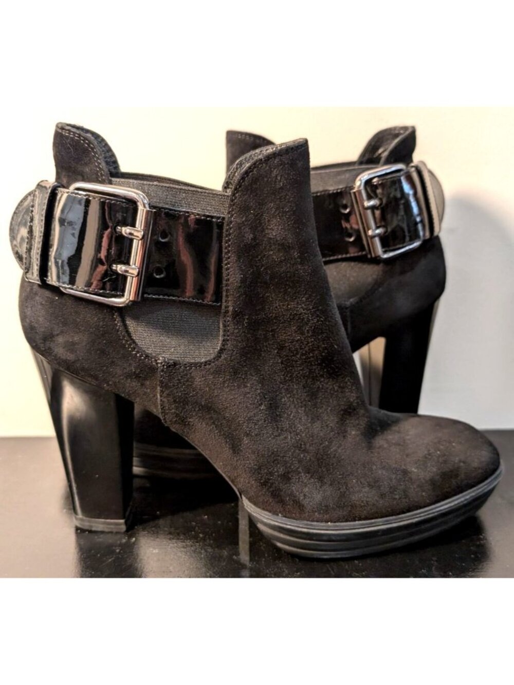 Hogan Black Suede Ankle Boots, Patent Strap, Gold Buckle, Size EU 37/US 6.5-7